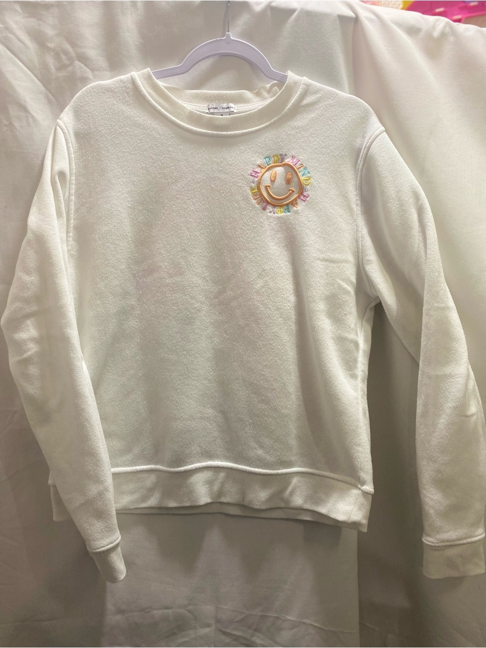 better/together White Fleece Crewneck  Sweatshirt Smiley Graphic Emb Medium #Y2K